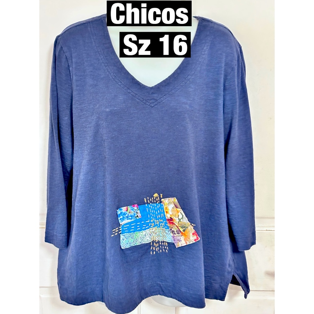 Chicos Deep Navy V Neck With Patchwork Embroidere… - image 1